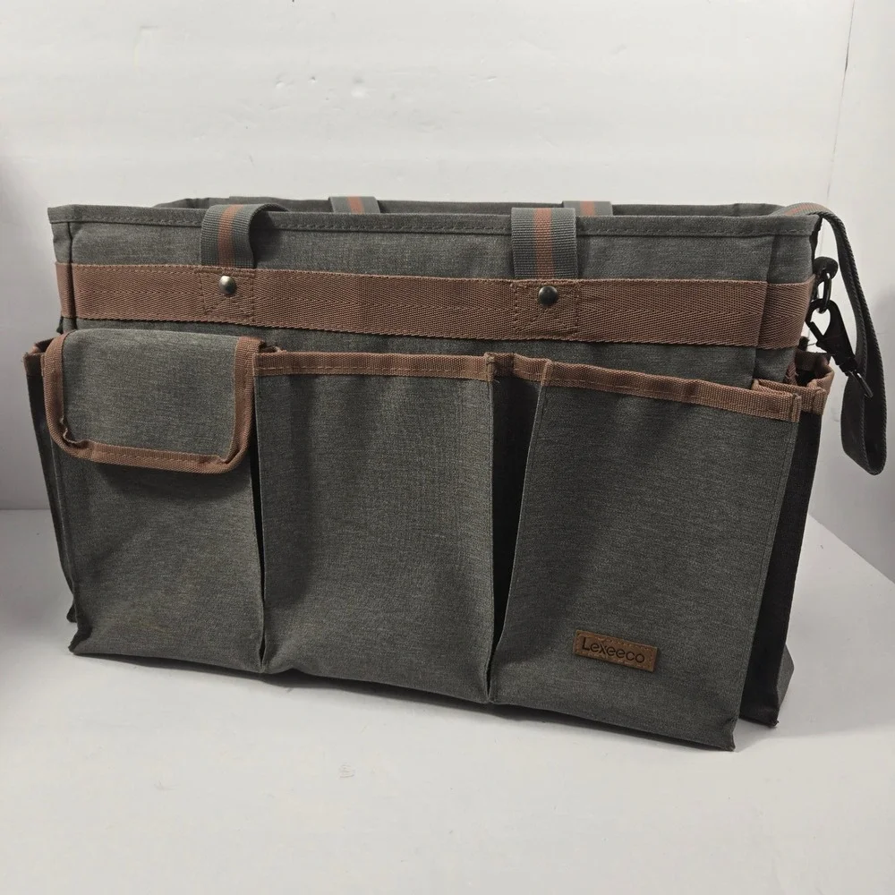 Lexeeco Utility Tote Bag Gray Canvas Organizer Insulated Bottom with Dividers